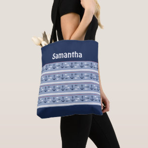 Bolsa Tote Monograma Âncoras Azul Marinho Branco V