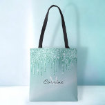 Bolsa Tote Monograma Aqua Azul Espelhamento Linguado Nome Met<br><div class="desc">O monograma personalizado faux glitter simulado Robins metálicos com gradiente de ovo azul reutilizável Tote Bag personaliza-o facilmente adicionando seu nome e último inicial para o glam instantâneo.</div>