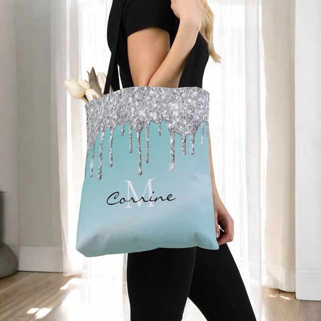 Bolsa Tote Monograma Aqua Azul + Glitter Prateado Gotejante N (Criador carregado)