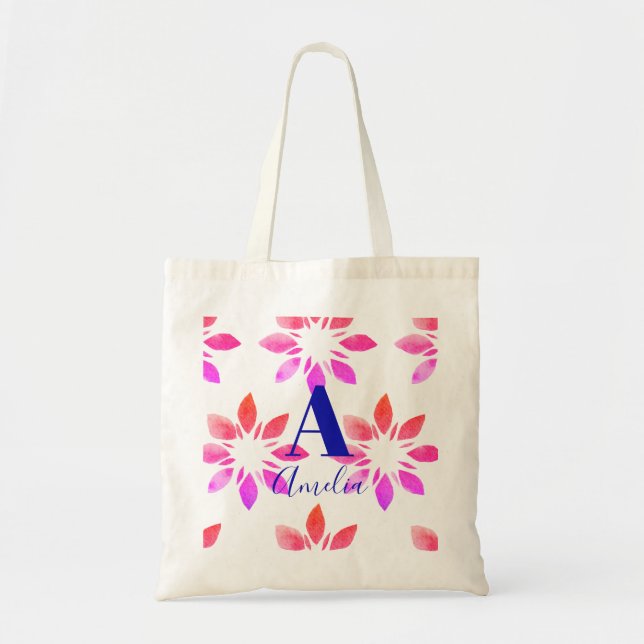 Bolsa Tote Monograma Aquarela Flor Rosa Quente (Frente)