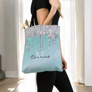 Bolsa Tote Monograma Azul Aqua + Glitter Prateado Gotejante N