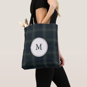 Bolsa Tote Monograma azul e Xadrez verde do Marinho Elegante