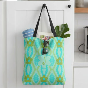 Bolsa Tote Monograma Azul Verde Diamantes & Flores Douradas