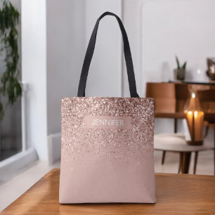 Bolsa Tote Monograma Bege Rosa Dourado Brilho e Faísca