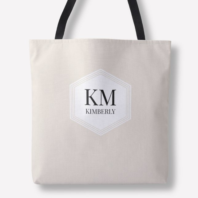 Bolsa Tote Monograma Beige Simples Neutro Nome Personalizado  (Monogram Beige Simple Neutral Modern Custom Name Tote Bag)