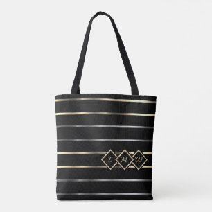 Bolsa Tote Monograma - Black, Dourado, Silver Strips
