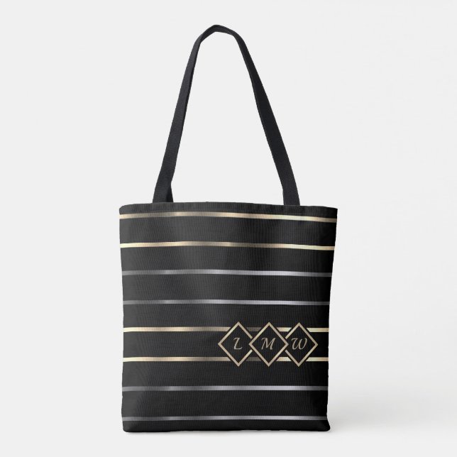Bolsa Tote Monograma - Black, Dourado, Silver Strips (Verso)