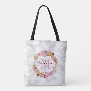 Bolsa Tote Monograma bonito cor-de-rosa de exaustão floral