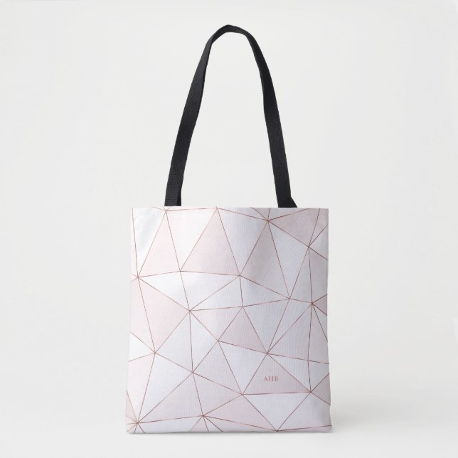 Bolsa Tote Monograma bonito de Padrão Geométrico Dourado Rosa (Frente)