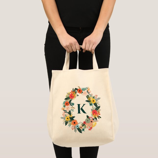 Bolsa Tote Monograma bonito Floral Oval Wreath (Frente (produto))