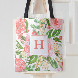 Bolsa Tote Monograma Bonito Rosa Bege de Rosa Floral Aquarela