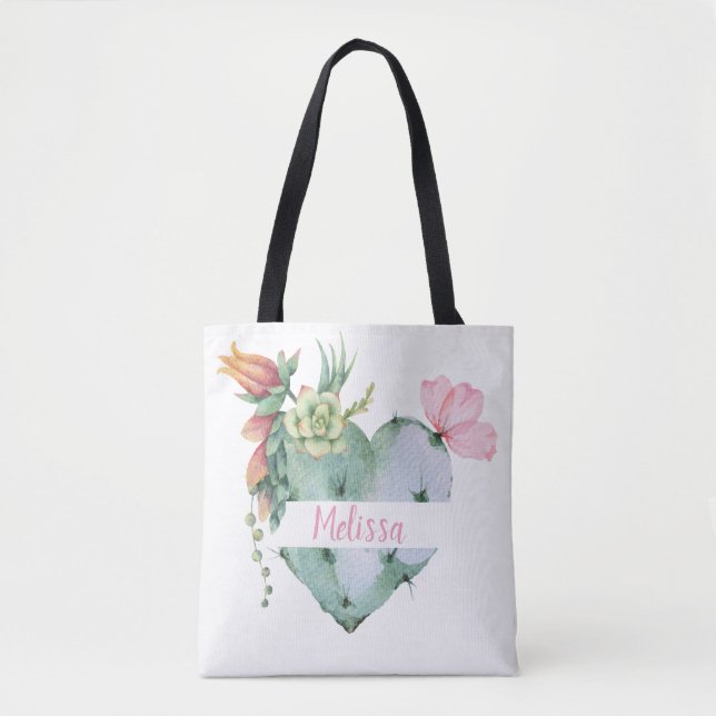 Bolsa Tote Monograma Bonito Watercolor Flowers Nome Personali (Frente)