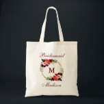 Bolsa Tote Monograma Borgonha Círculo Dourado Floral Bridesma<br><div class="desc">Watercolor Burgundy Marsala Círculo Floral Dourado Monograma Bridesmaid Tote Bag</div>