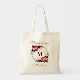 Bolsa Tote Monograma Borgonha Dourada Floral Bridesmaid
