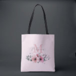 Bolsa Tote Monograma branco botânico pincelado cor-de-rosa<br><div class="desc">Fábricas elegantes florais botânicas,  cinzas de folhagem,  cor de rosa,  escamoteado de monograma cor de rosa.</div>