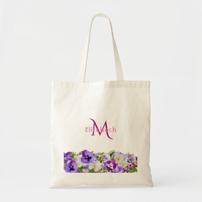 Bolsa Tote Monograma branco com flores roxas (Frente)