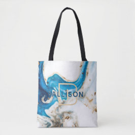 Bolsa Tote Monograma Branco Dourado abstrato azul