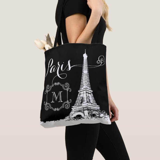 Bolsa Tote Monograma Branco preto de Torre Eiffel em Paris (Close Up)