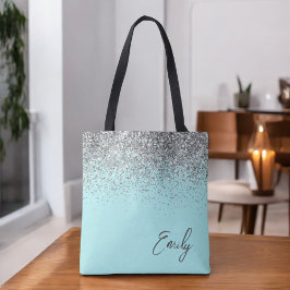 Bolsa Tote Monograma Brilho Prata Azul Água Teal