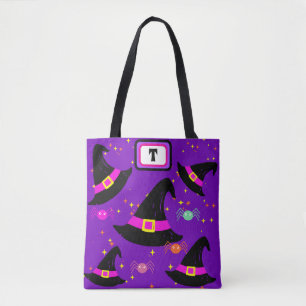 Bolsa Tote Monograma Bruxa Halloween Chapéu Roxo Saco