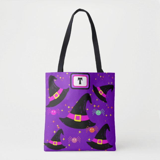 Bolsa Tote Monograma Bruxa Halloween Chapéu Roxo Saco (Frente)