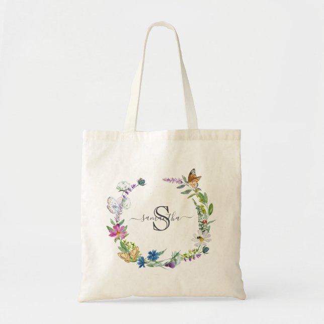 Bolsa Tote Monograma Caligrafia de Letra Borboletas Flores (Frente)