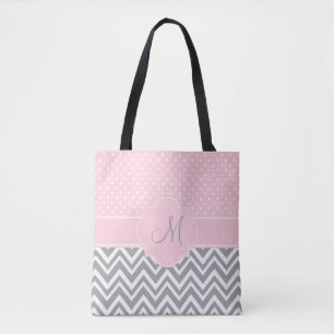 Bolsa Tote Monograma Chevron cinzento com as bolinhas do rosa