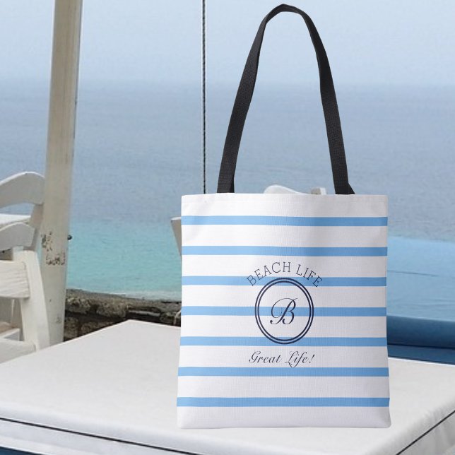 Bolsa Tote Monograma Chic Blue e White Striped Beach Life (Criador carregado)
