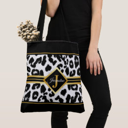 Bolsa Tote Monograma Chic em Impressão Animal Preto e Faux Do