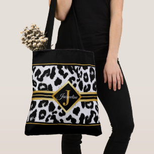 Bolsa Tote Monograma Chic em Impressão Animal Preto e Faux Do
