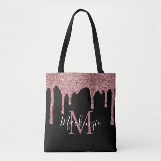Bolsa Tote Monograma Chic Preta com Glitter Rosa Dourado e Pi (Frente)