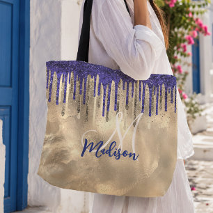 Bolsa Tote Monograma chique com brilho dourado e azul real gp