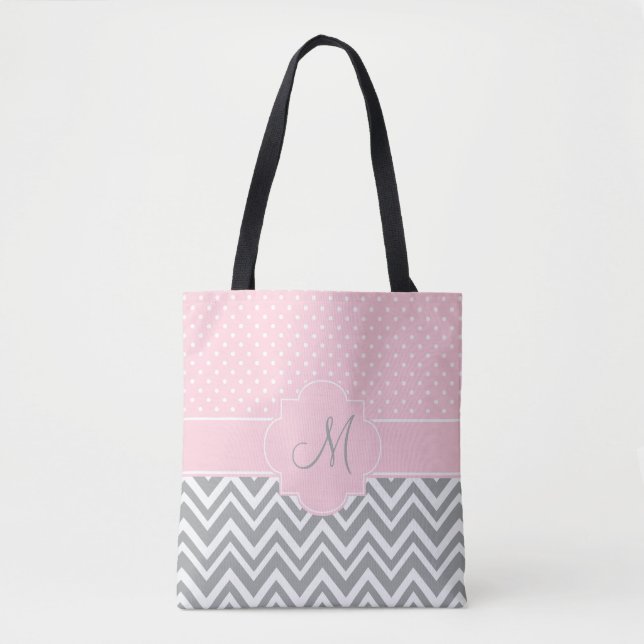 Bolsa Tote Monograma - Cinza com Bolinhas rosa com Pastel (Frente)