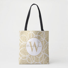 Bolsa Tote Monograma Círculo Branco Dourado Glitter Abstrato 