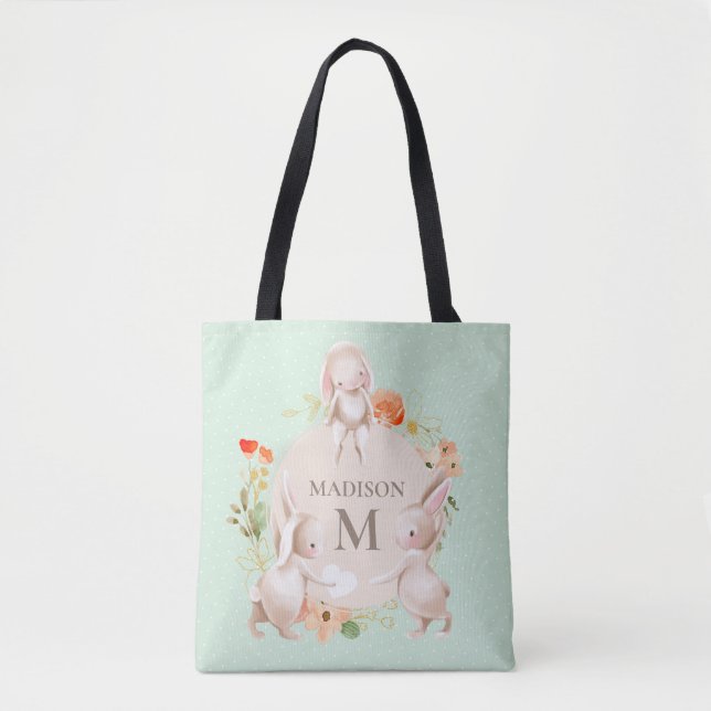 Bolsa Tote Monograma Coelho Coelho Páscoa Floral Personalizad (Frente)