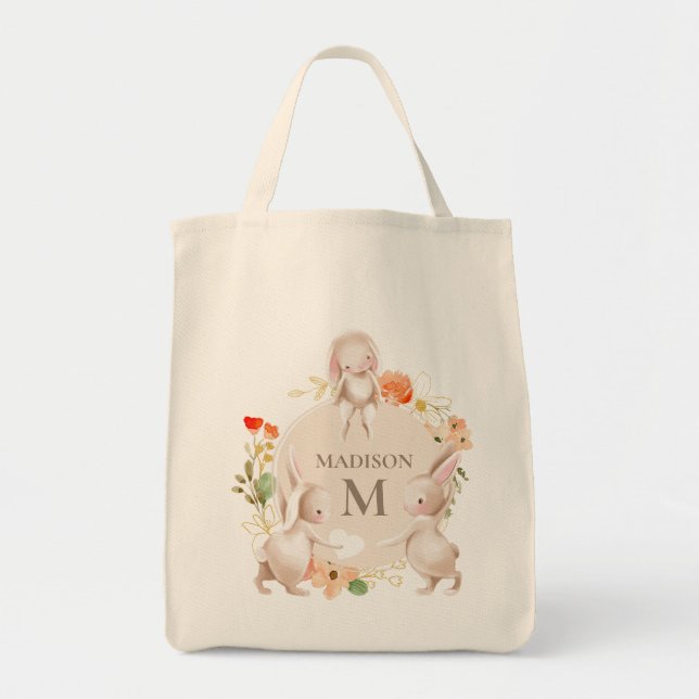 Bolsa Tote Monograma Coelho Coelho Páscoa Floral Personalizad (Frente)
