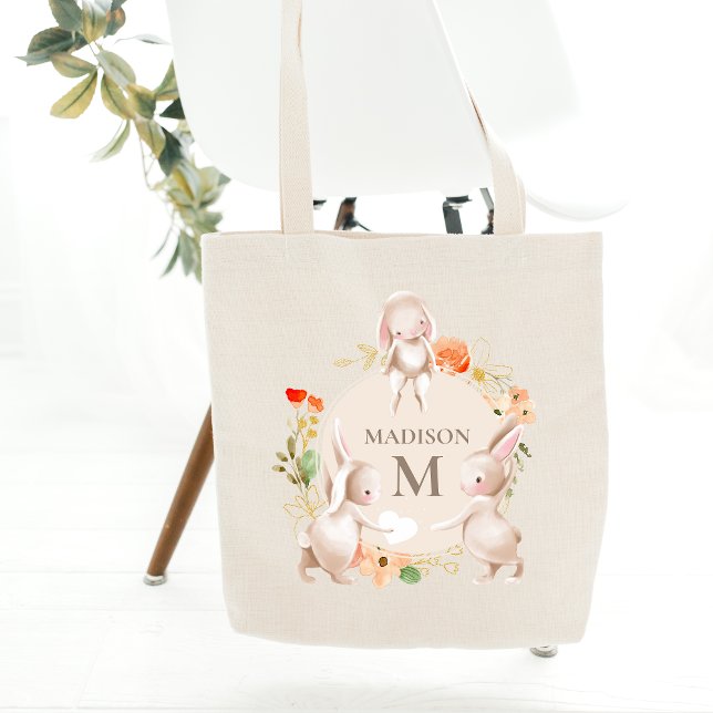 Bolsa Tote Monograma Coelho Coelho Páscoa Floral Personalizad (Criador carregado)