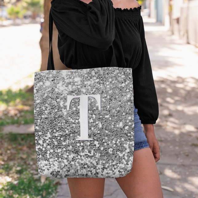 Bolsa Tote Monograma com Brilho Falso Prateado e Faíscas Boke (Silver Chunky Glitter Monogram Tote Bag)