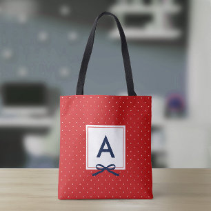 Bolsa Tote Monograma com Estampa de Bolinhas Vermelhas e Fita