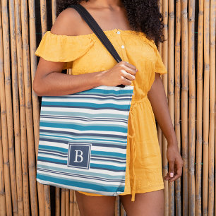 Bolsa Tote Monograma com múltiplas tiras, de cor azul e branc
