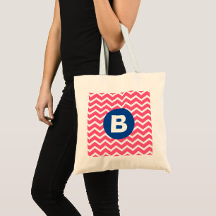 Bolsa Tote Monograma com Padrão Chevron em Rosa Vibrante e Br