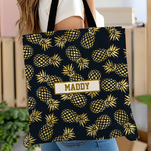 Bolsa Tote Monograma com padrão de abacaxi dourado azul marin