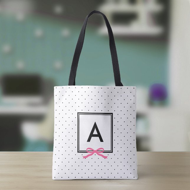 Bolsa Tote Monograma com padrão de bolinhas e laço rosa Chic (Criador carregado)