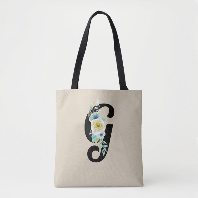 Bolsa Tote Monograma com Spray Floral Branco e Aqua (Frente)