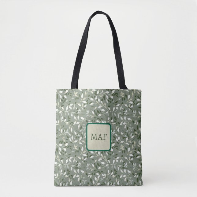 Bolsa Tote Monograma com Videiras Botânicas Florais Verdes (Frente)