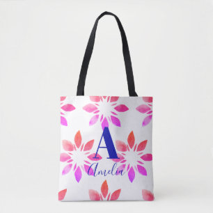 Bolsa Tote Monograma Cor de Água Rosa Quente Retro Floral