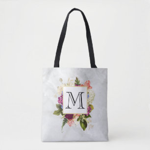 Bolsa Tote Monograma cor-de-rosa moderno do buquê floral da
