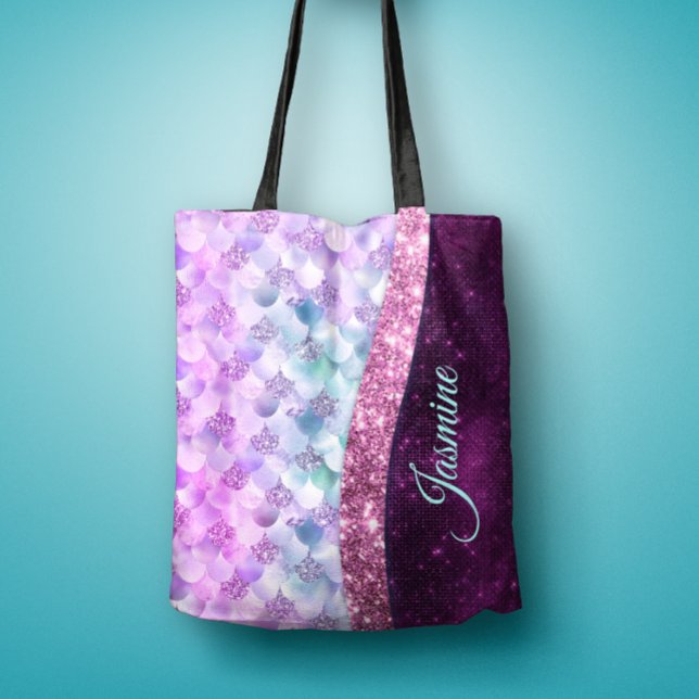 Bolsa Tote Monograma da cor rosa-prateada com pele de sereia (Criador carregado)