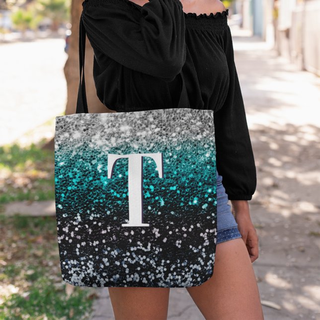 Bolsa Tote Monograma da Lente Negra-Teal de Prata (Silver Teal and Black Chunky Glitter Monogram Tote)