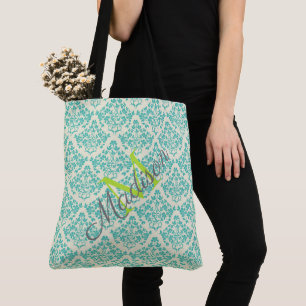 Bolsa Tote Monograma da Menina Bonita de Trendy Damask Verde